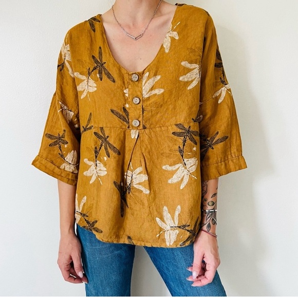VIOLA BORGHI Linen Dragon Fly Print Pullover 3/4 Sleeve Top Italy Women’s S BOHO - Picture 2 of 8